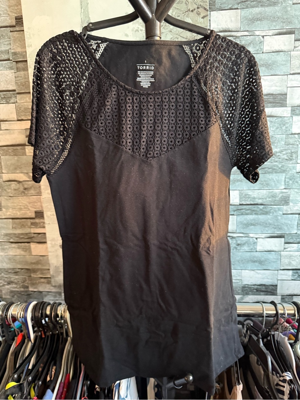 Torrid Black Crochet Yoke Short Sleeve Top
